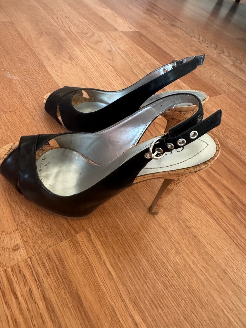 Guess black patent slingbacks with cork heels